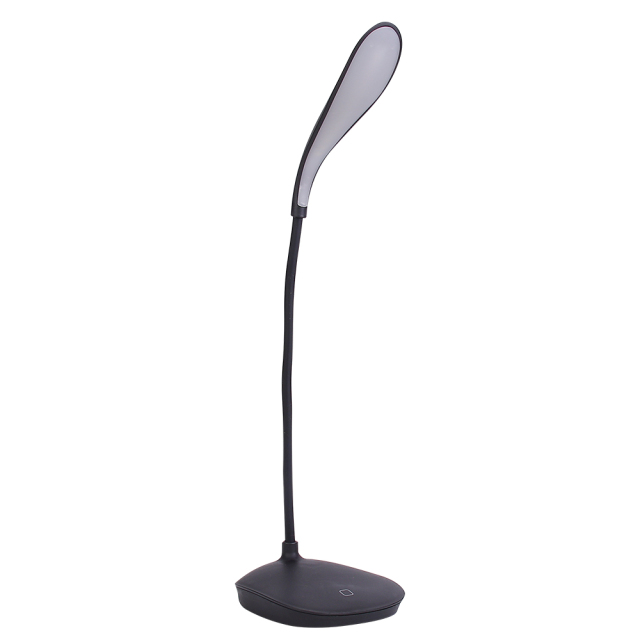 Rear three-quarter studio photograph of a modern black eye-care table lamp with a touch switch base on a white background