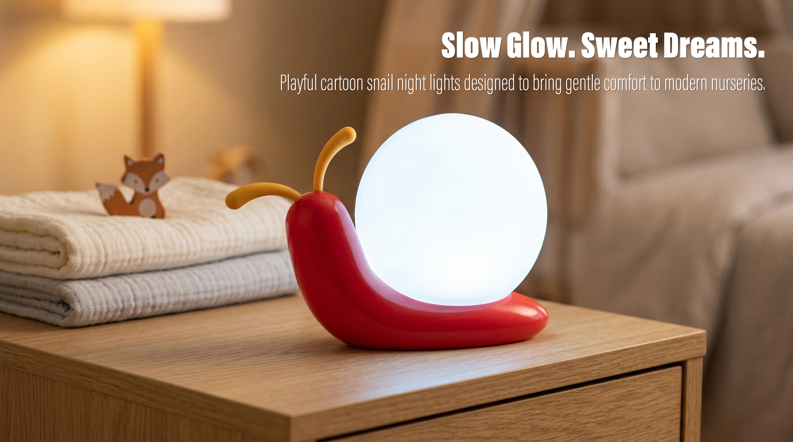 An illuminated cute cartoon snail night light with a bright white glowing shell shell and red body on a wooden nightstand next to folded baby blankets and a small wooden fox toy.