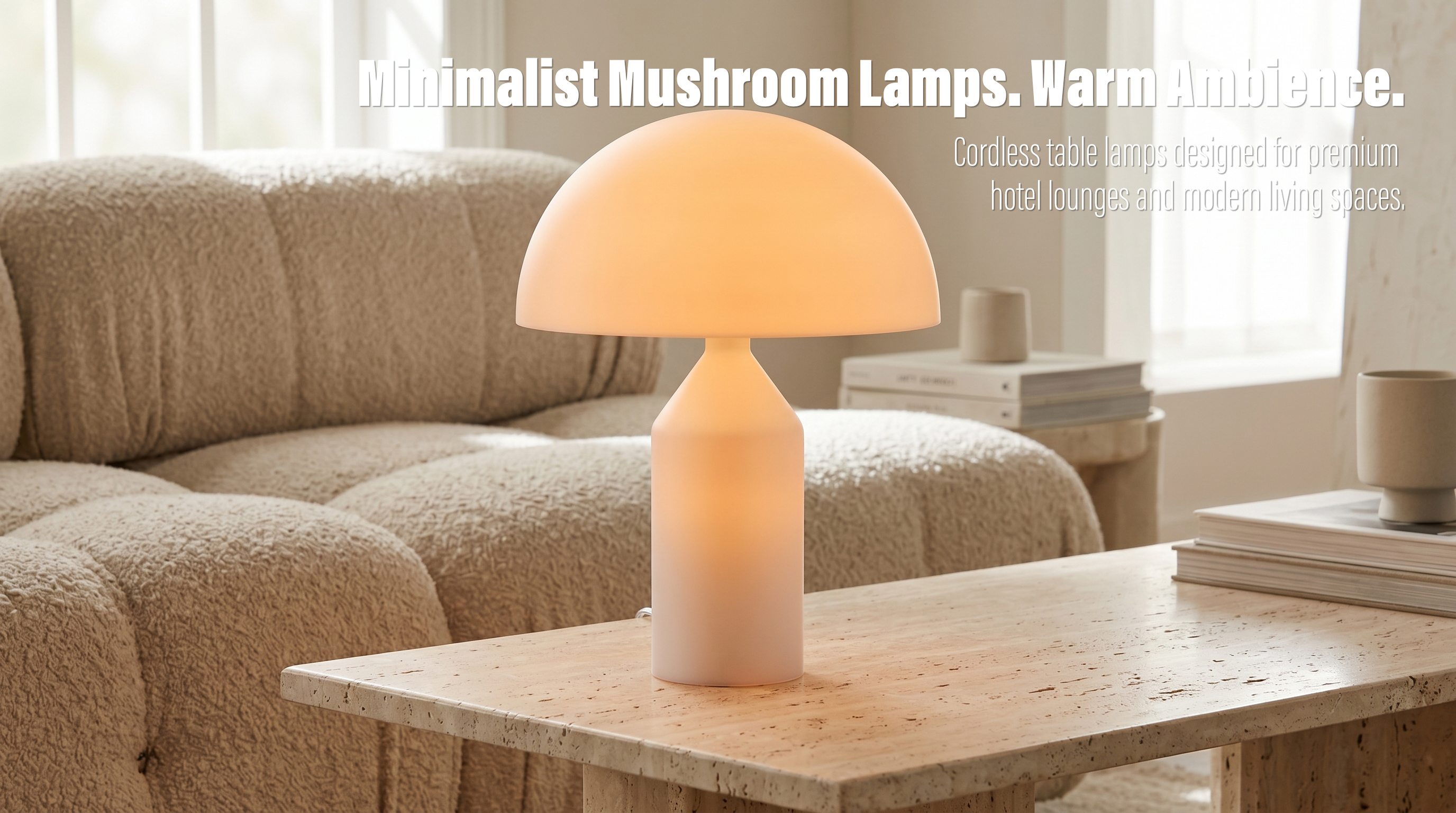 An illuminated minimalist mushroom table lamp with a soft warm glow, made of white acrylic on a travertine coffee table in a Scandinavian-style living room with a beige boucl&eacute; sofa and magazines.