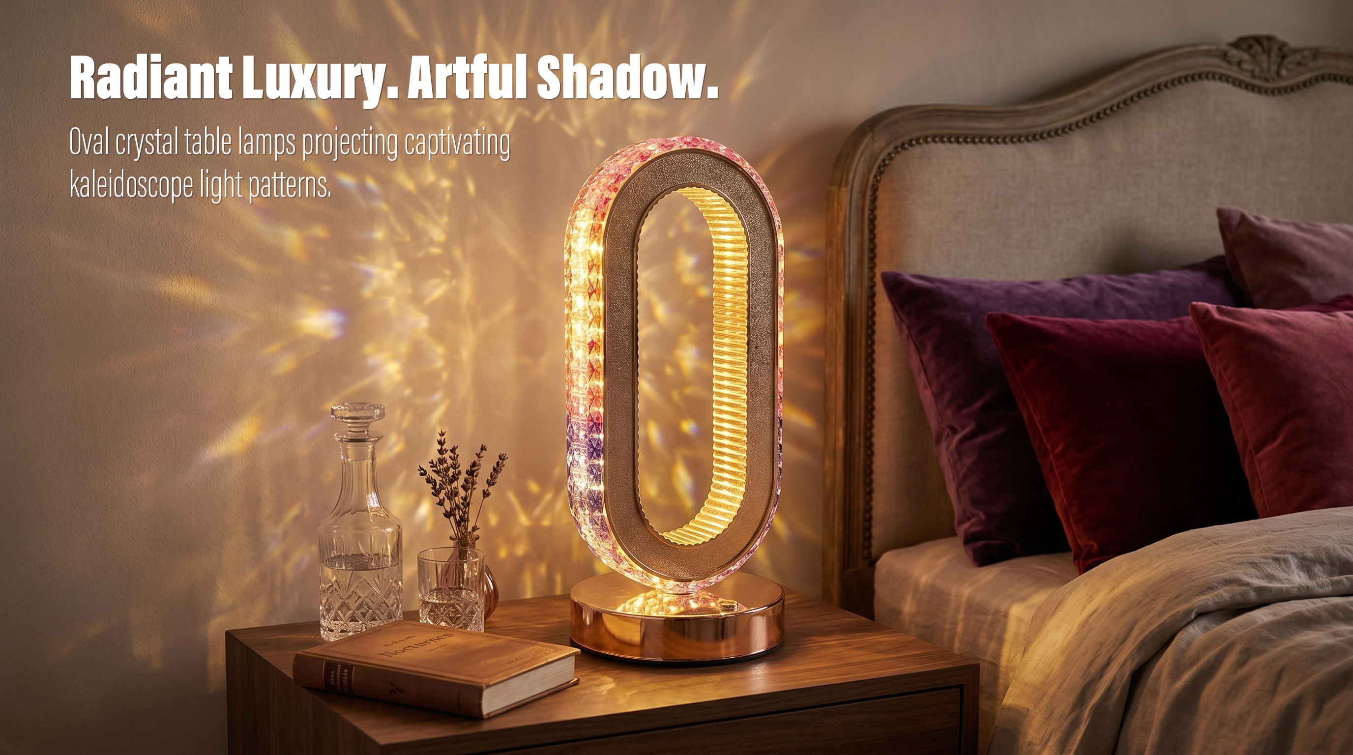 An illuminated luxury oval crystal table lamp on a wooden nightstand projecting warm kaleidoscope light reflections on the bedroom wall
