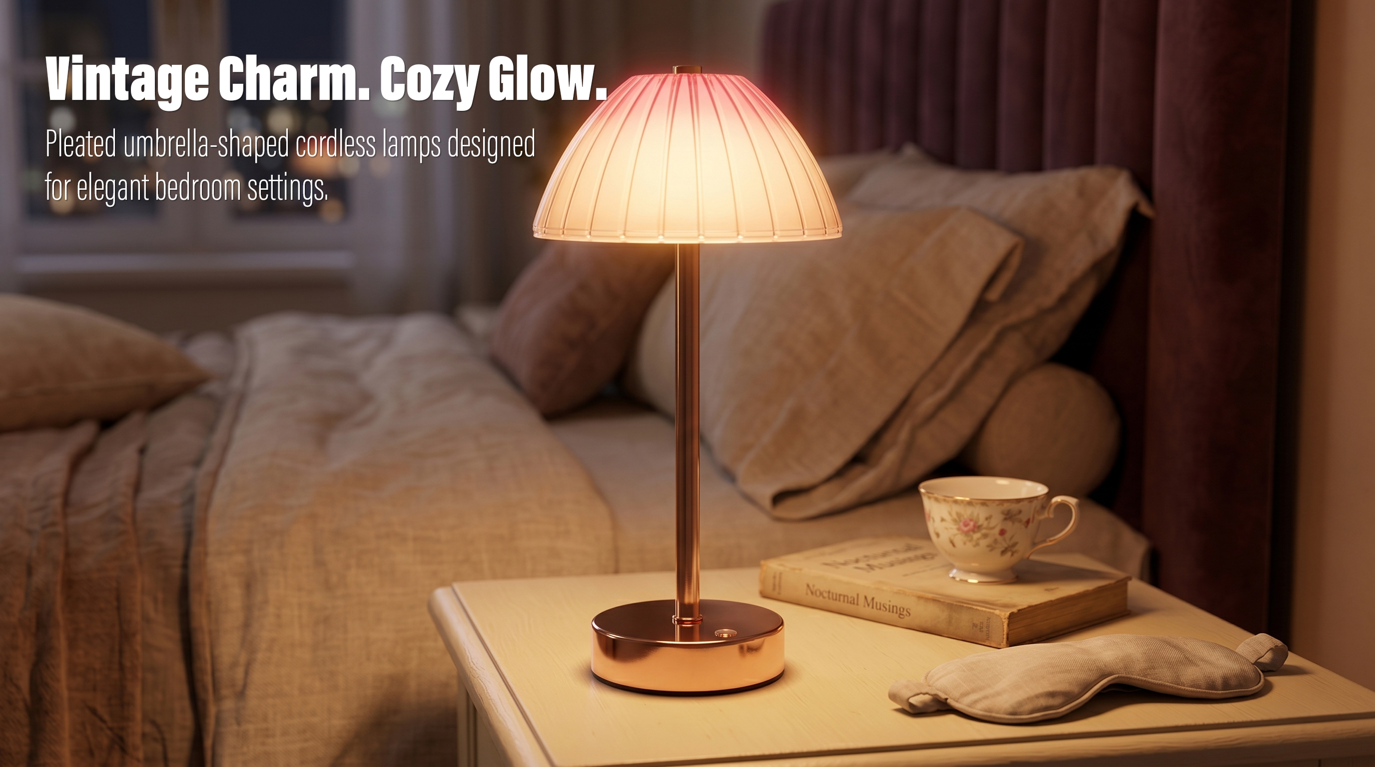 An illuminated retro umbrella-shaped cordless table lamp with a pleated glass shade and rose gold stem on a nightstand next to a teacup in a cozy bedroom
