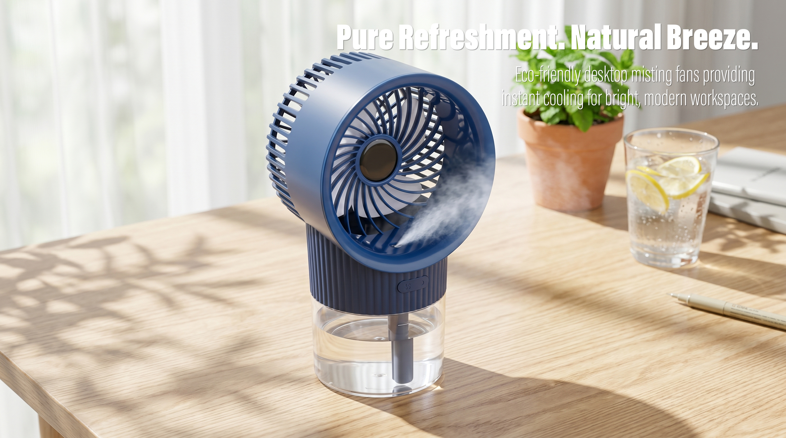 A dark blue desktop misting fan spraying a cool white mist on a sunlit wooden desk next to a glass of lemon water and a potted mint plant.