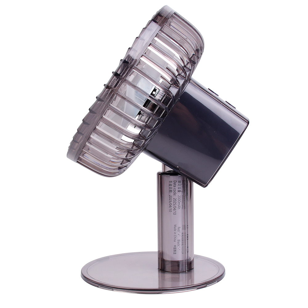 Side studio view of the adjustable translucent desktop fan tilted upward to show its flexibility and multi-angle design