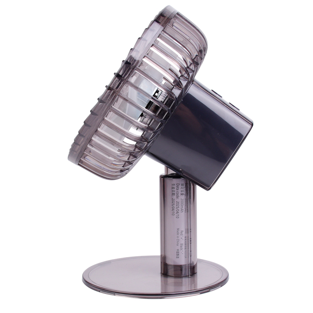 Side studio view of the adjustable translucent desktop fan tilted upward to show its flexibility and multi-angle design