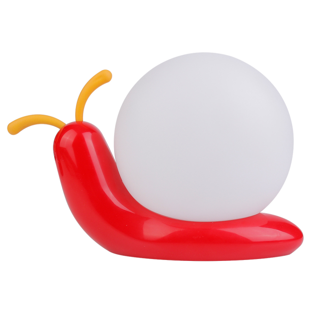 Side studio view of a cartoon snail LED night light with a red body, yellow feelers, and a white round shell on a white background