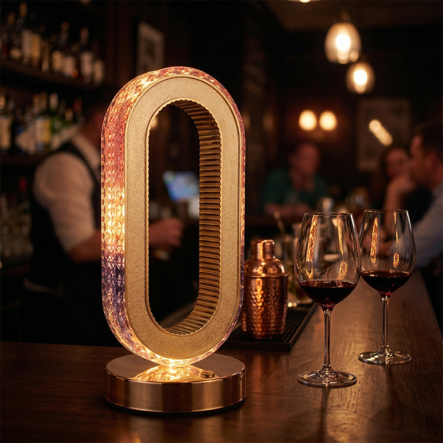 An illuminated cordless oval crystal table lamp glowing with warm light on a wooden bar counter next to wine glasses in a restaurant layout