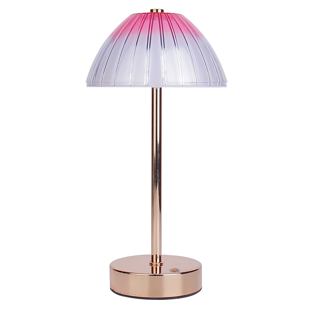 Front studio view of a retro umbrella-shaped cordless table lamp with a pink pleated acrylic shade and rose gold base