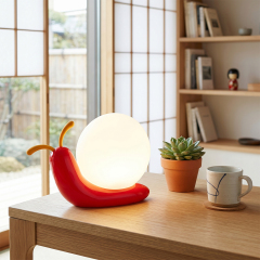 A glowing snail table lamp placed next to a succulent plant pot and a coffee mug on a wooden table in a bright modern room background
