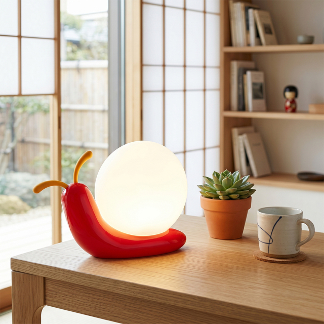 A glowing snail table lamp placed next to a succulent plant pot and a coffee mug on a wooden table in a bright modern room background