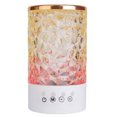 Front studio view of a cylindrical RGB crystal atmosphere lamp with multi-function control buttons on a white background
