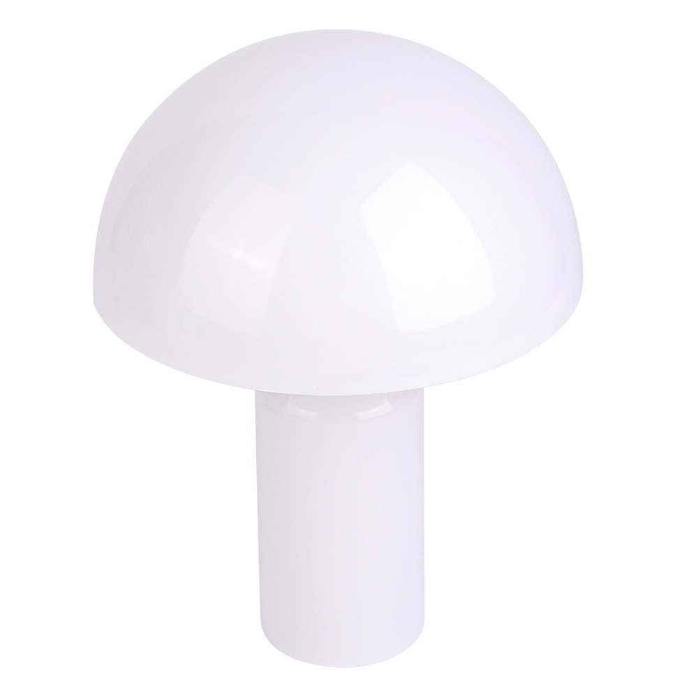 High-angle studio view of an elegant all-white decorative mushroom night light highlighting its smooth ABS dome shade