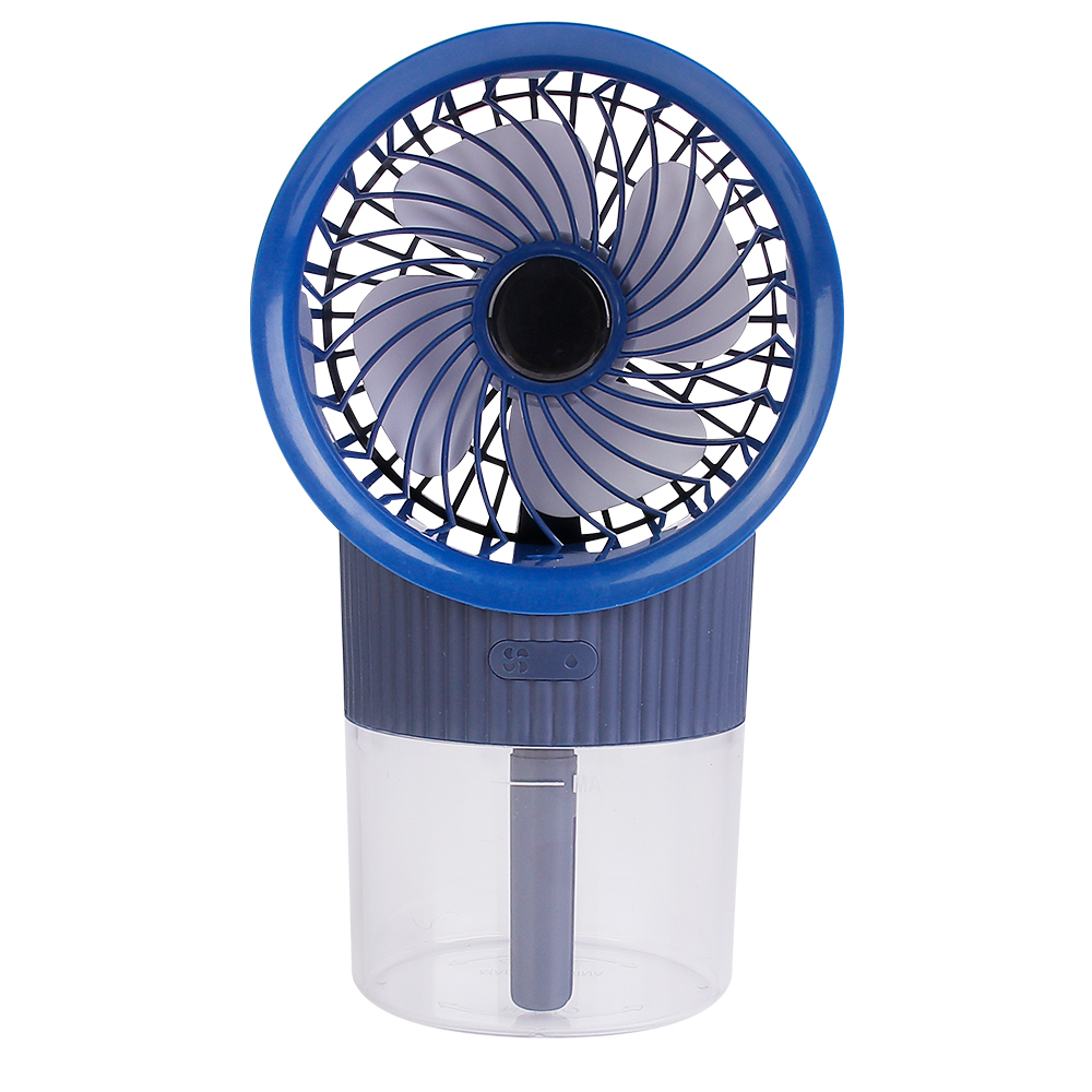 Front studio photograph of a blue desktop misting cooling fan with a transparent 300ml water tank on a white background