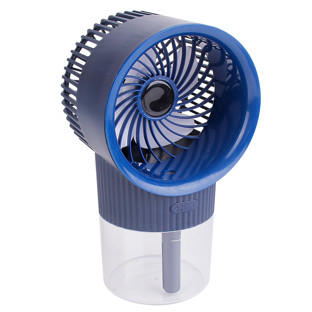 Front three-quarter angled view of a personal water spray desk fan with a prominent circular blue front rim