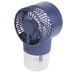 Rear angled studio photograph of the compact blue cooling mist fan highlighting its top grill structure