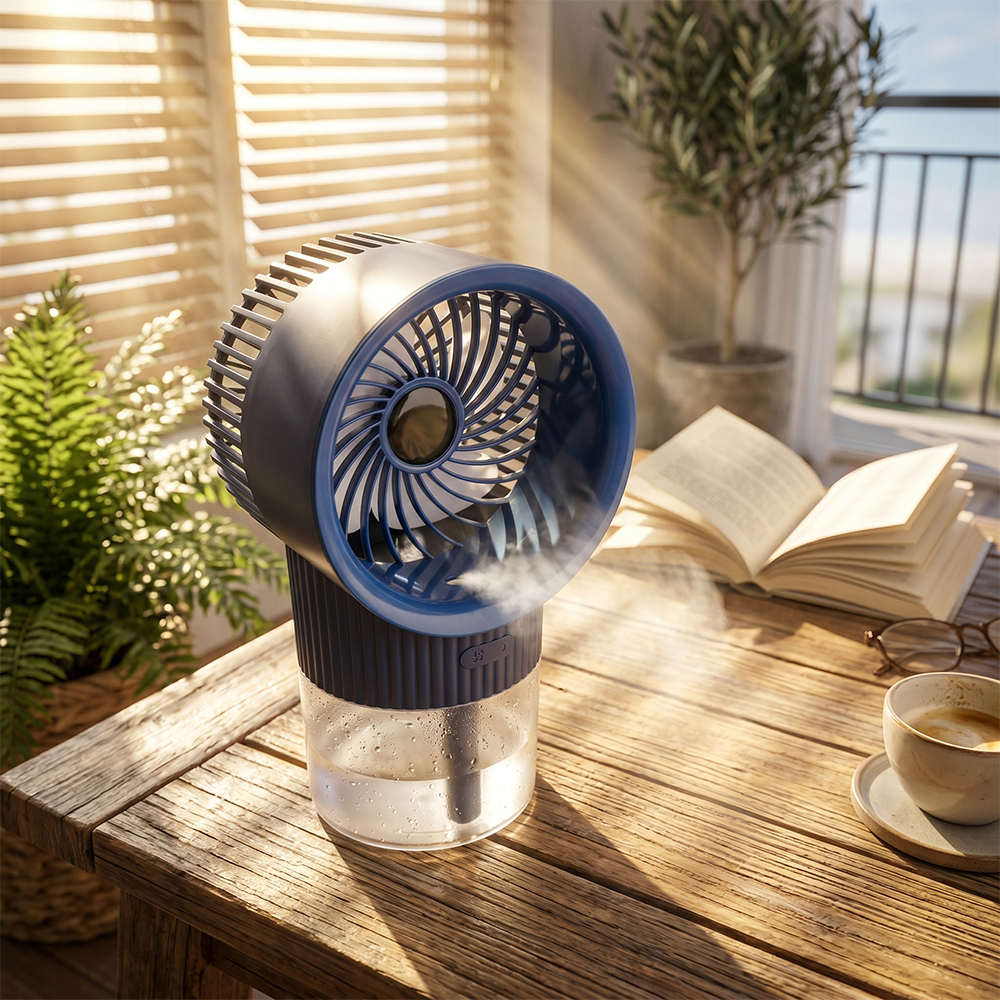 A dark blue humidifying cooling fan spraying an active mist on a sunlit wooden outdoor table near a book and a coffee cup