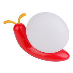 Left-side angled studio photograph of a creative portable snail desk light highlighting its sleek red plastic base