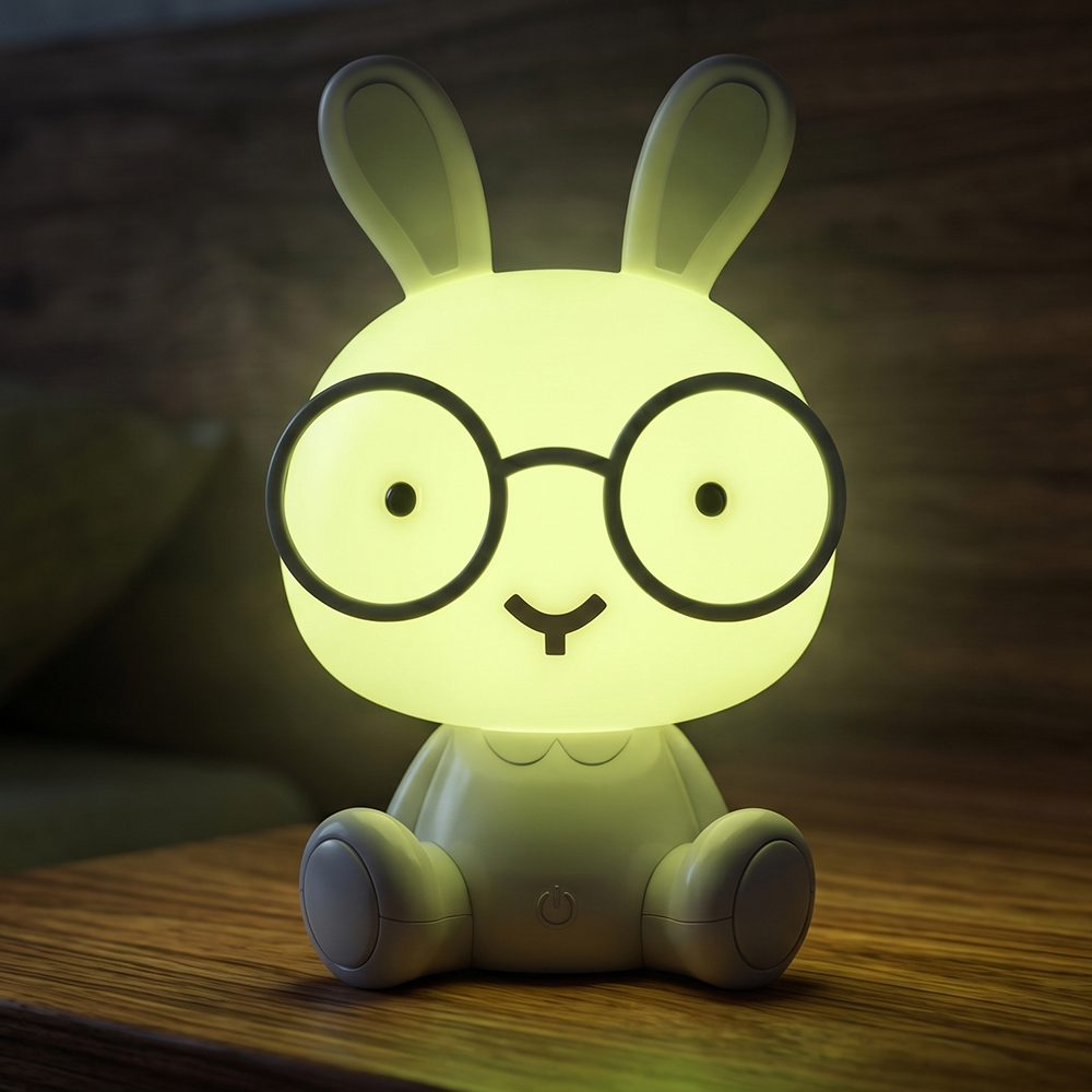 Close-up of a cartoon rabbit nursery lamp illuminated in bright warm yellow light on a wooden surface in a dark room