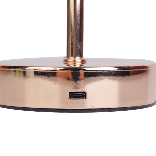 Close-up studio view of the Type-C USB charging port on the polished rose gold metal base of an umbrella table lamp