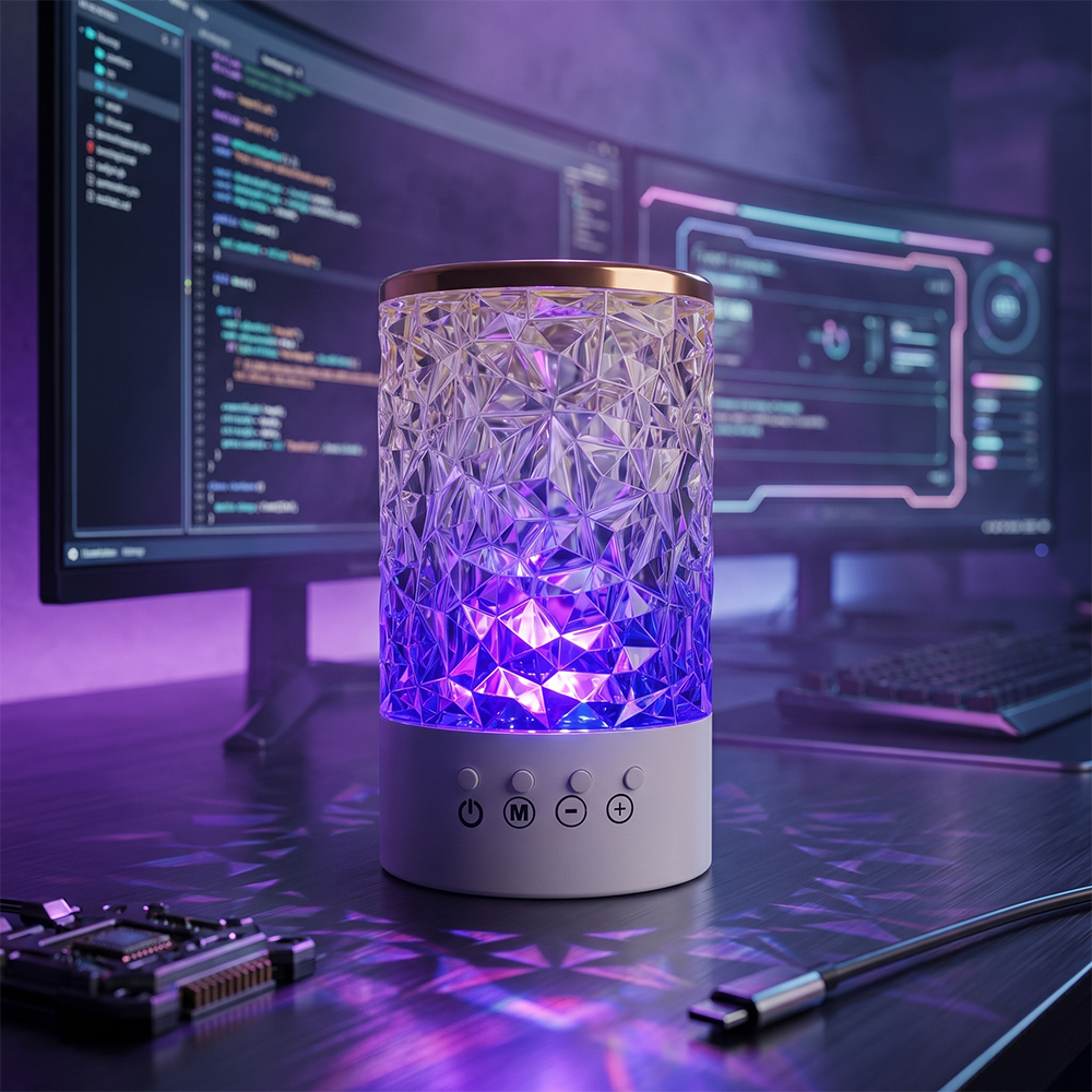 A cylindrical crystal lamp glowing with vibrant purple and blue RGB light on a dark gaming desk next to computer monitors