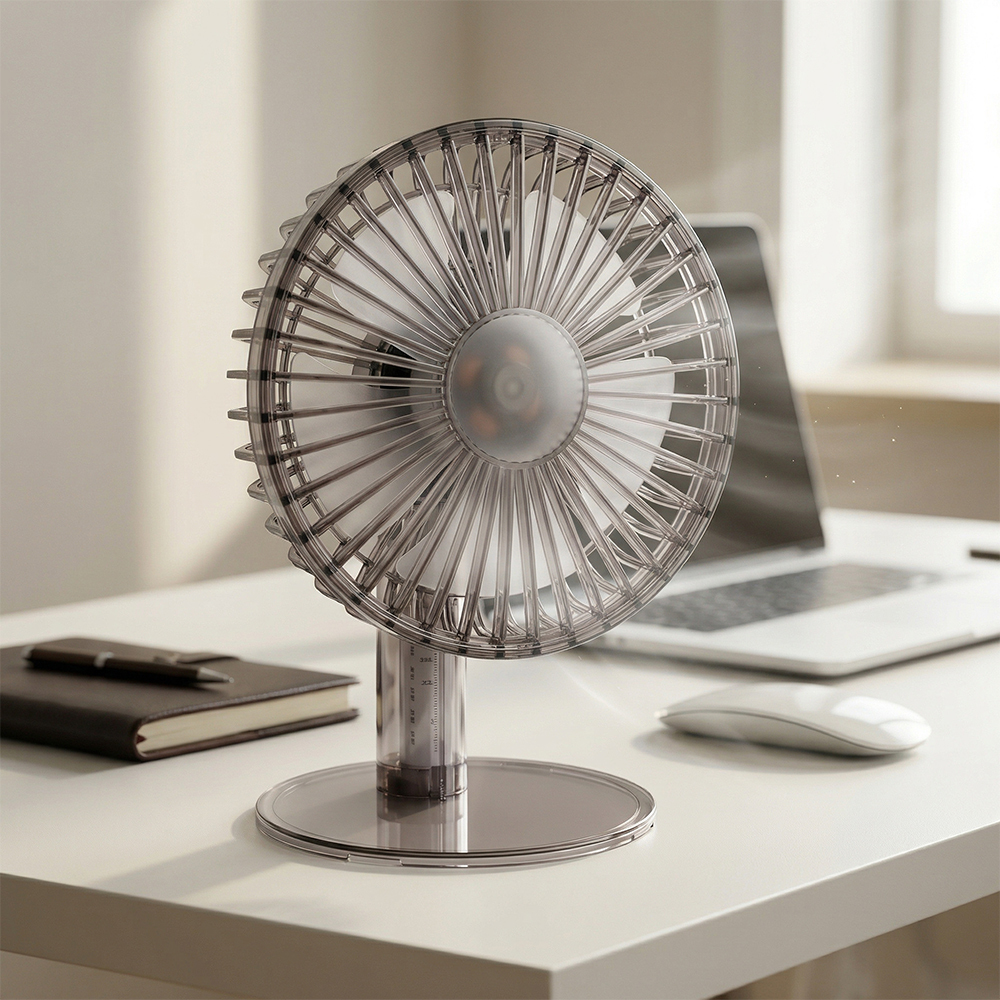 Front three-quarter view of a sleek smoked-black desktop USB fan on a white office desk with a notebook and mouse