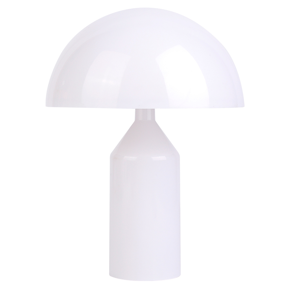 Front studio view of a modern minimalist white mushroom-shaped desk lamp with a cylindrical base on a white background
