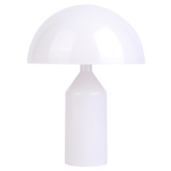 Front studio view of a modern minimalist white mushroom-shaped desk lamp with a cylindrical base on a white background