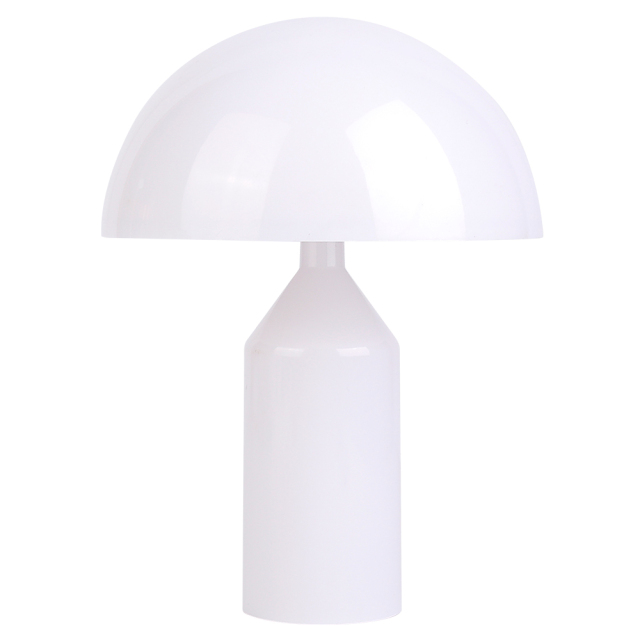 Front studio view of a modern minimalist white mushroom-shaped desk lamp with a cylindrical base on a white background