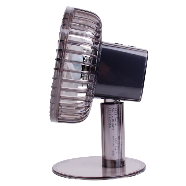 Clean side studio view of a translucent black desktop cooling fan showing its sleek cylindrical pillar and head profile