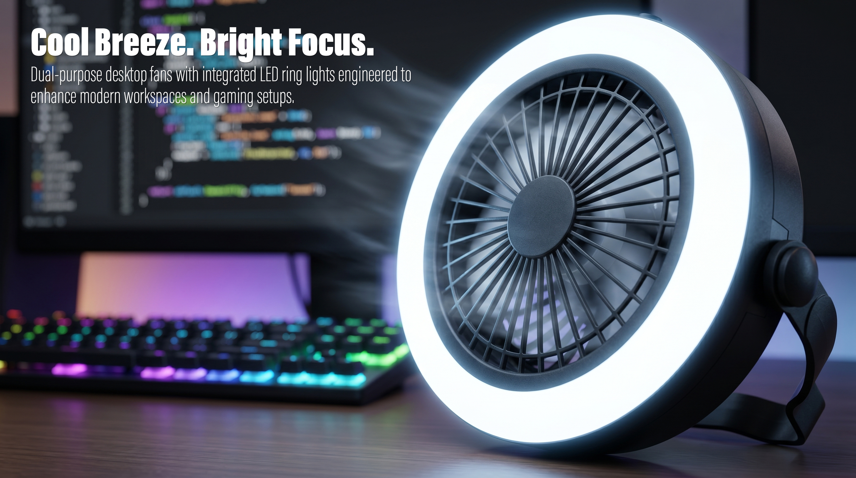 A black circular desktop fan with a bright white LED ring light operating on a wooden desk next to an RGB mechanical keyboard and a computer monitor showing lines of code.