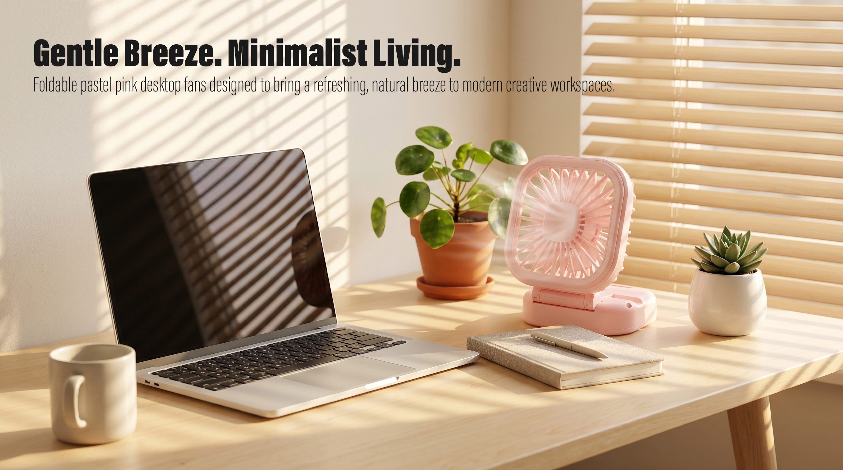 A soft pink foldable desktop fan running on a sunlit wooden office table next to a laptop, a notebook with a pen, a white coffee mug, and small potted green plants under window blinds shadows.
