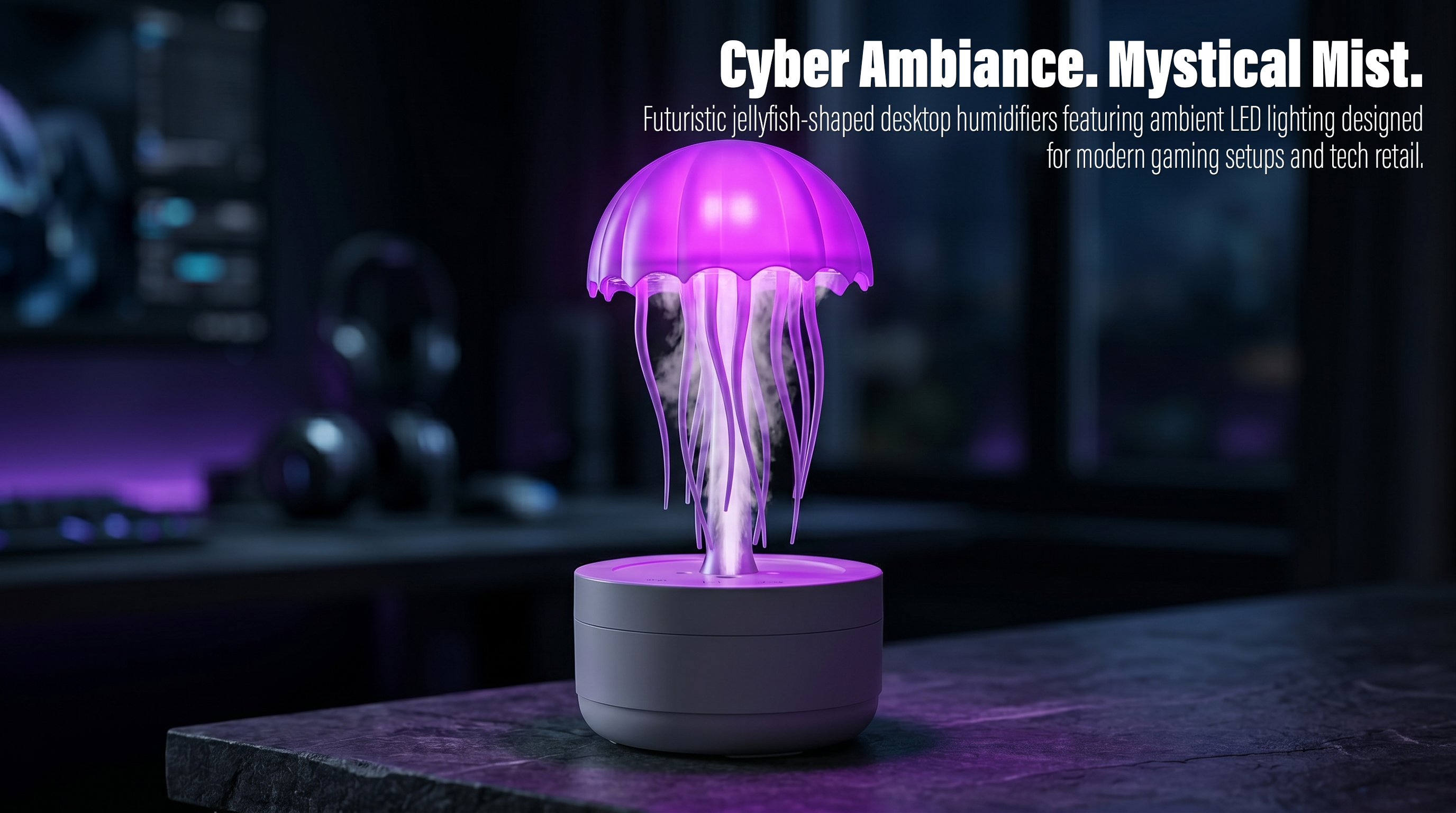A creative jellyfish-shaped desktop humidifier with a glowing purple LED hood emitting mist onto a dark gaming desk setup with headphones blurred in the background.