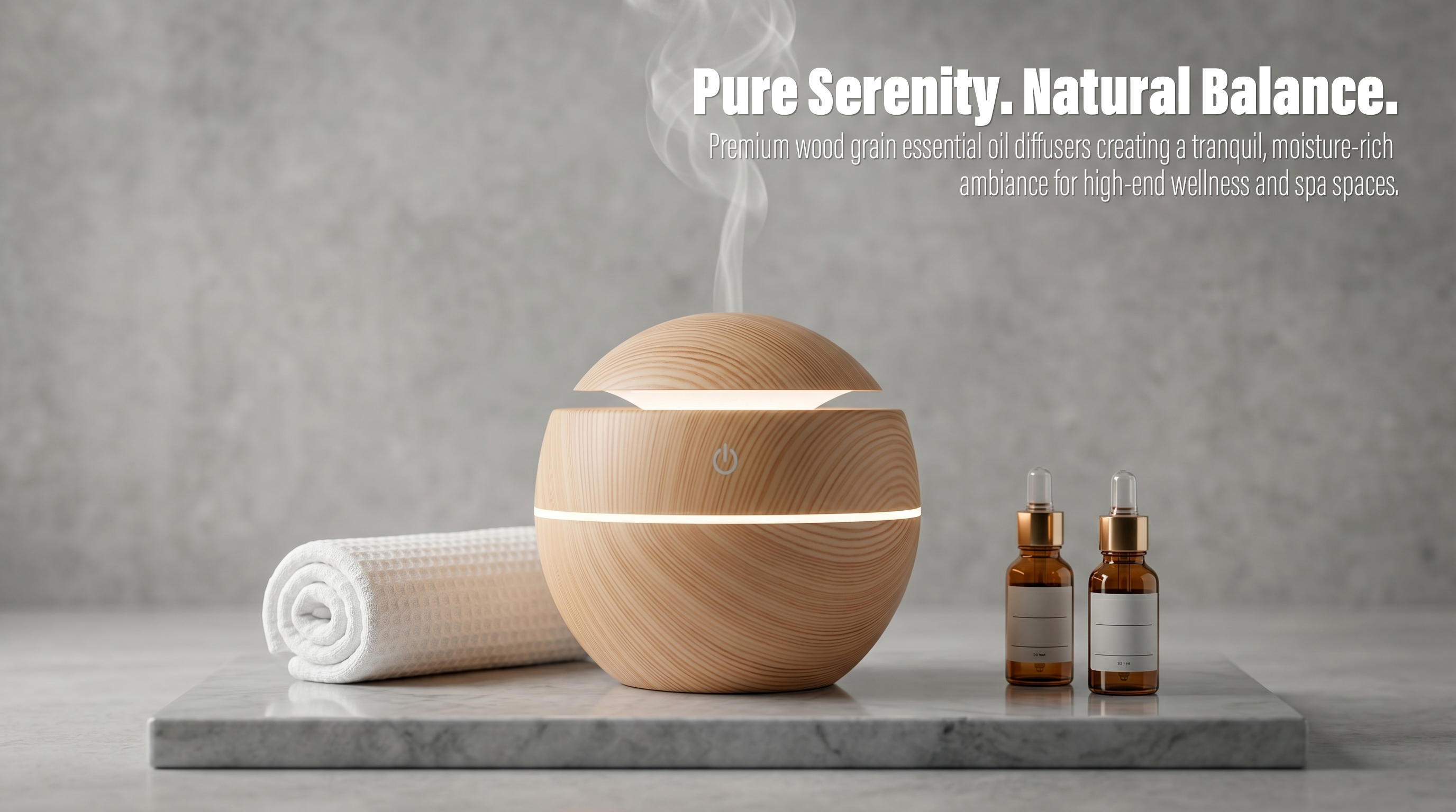 A round wood grain essential oil diffuser releasing steam on a marble slab next to a rolled white towel and two amber glass dropper bottles against a grey textured wall.