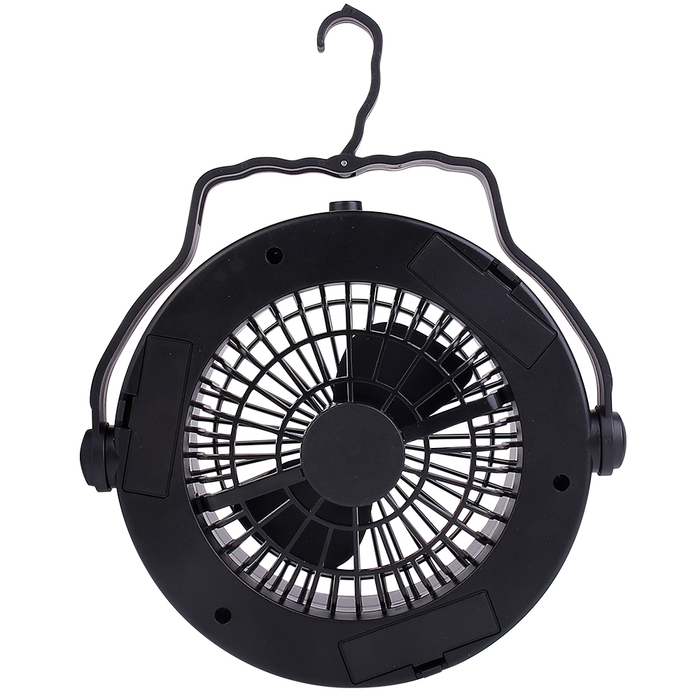 Rear studio view of the black outdoor camping fan highlighting the back grill pattern and battery housing compartment.