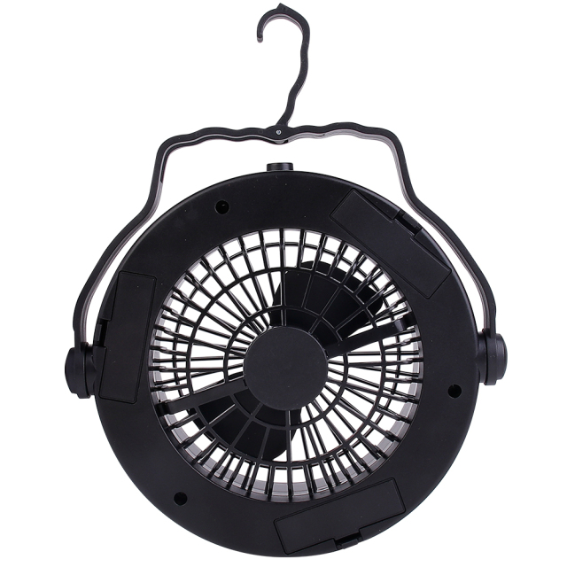 Rear studio view of the black outdoor camping fan highlighting the back grill pattern and battery housing compartment.