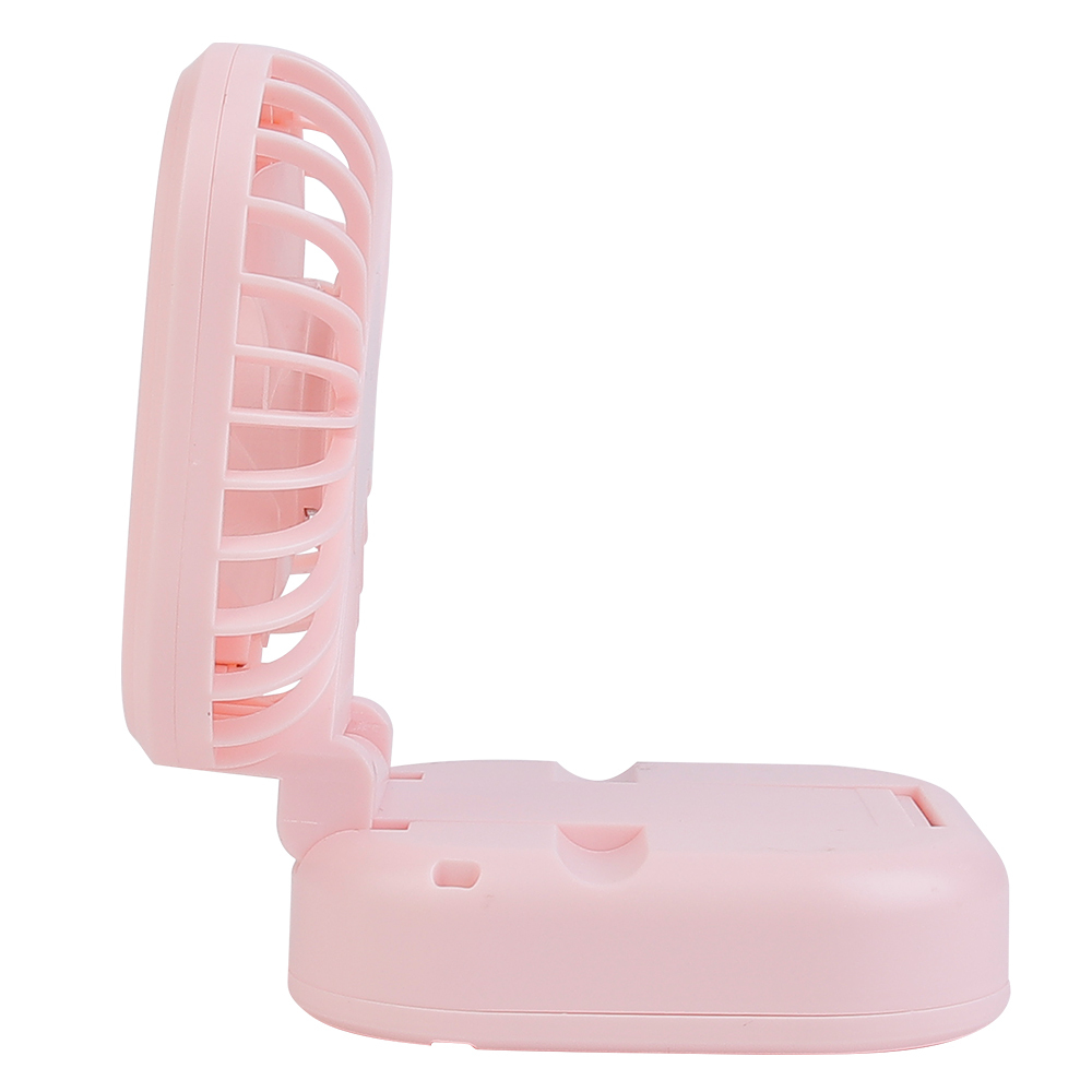 Clean side studio view of the pink personal fan illustrating its slim vertical extension stem and square fan head.