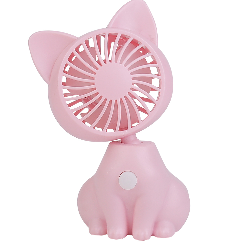 Front studio view of the pink cat-shaped desktop fan with its head tilted slightly to the side to demonstrate adjustable angles.