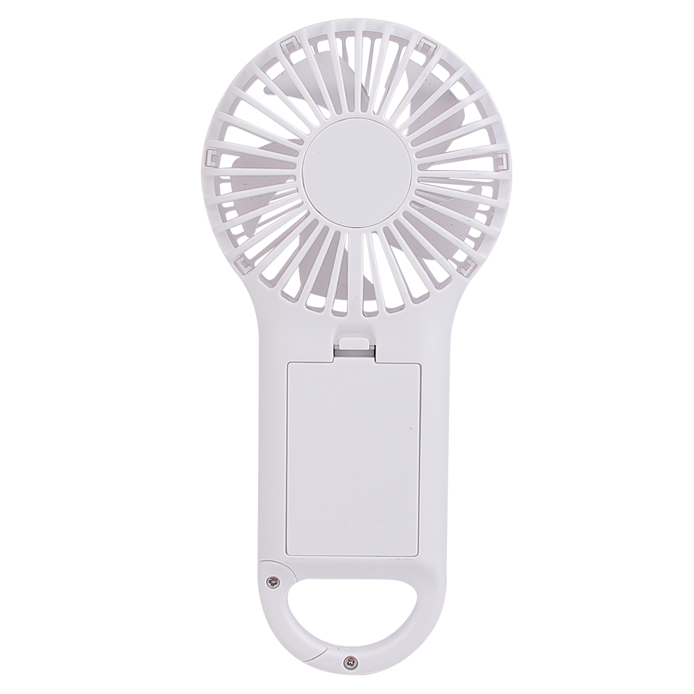 Rear studio photograph of the white handheld fan highlighting its removable AAA battery compartment cover on the handle.