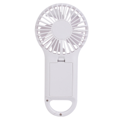 Rear studio photograph of the white handheld fan highlighting its removable AAA battery compartment cover on the handle.