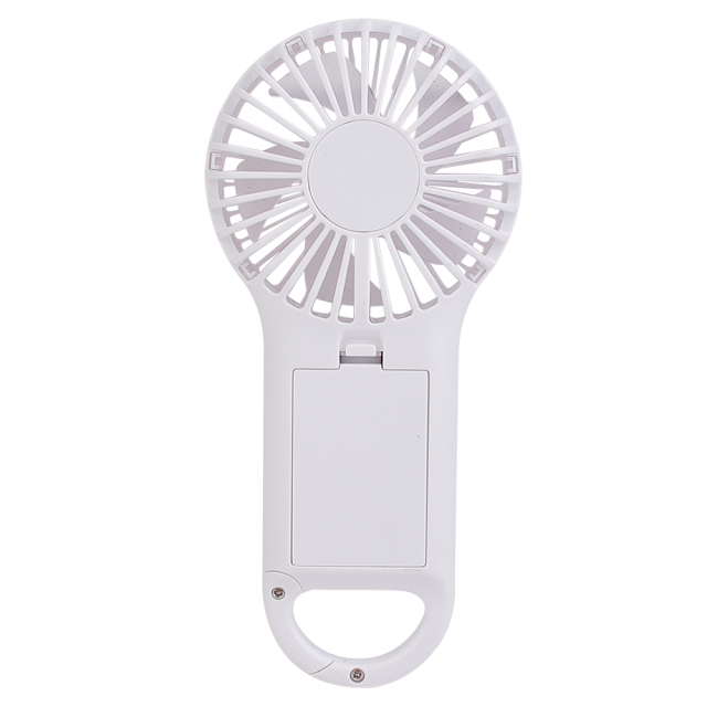 Rear studio photograph of the white handheld fan highlighting its removable AAA battery compartment cover on the handle.