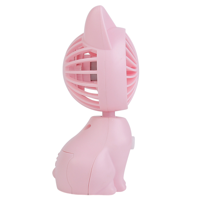 Clean side studio view of the pink cat-shaped table fan illustrating its stable animal-form base and circular fan head.