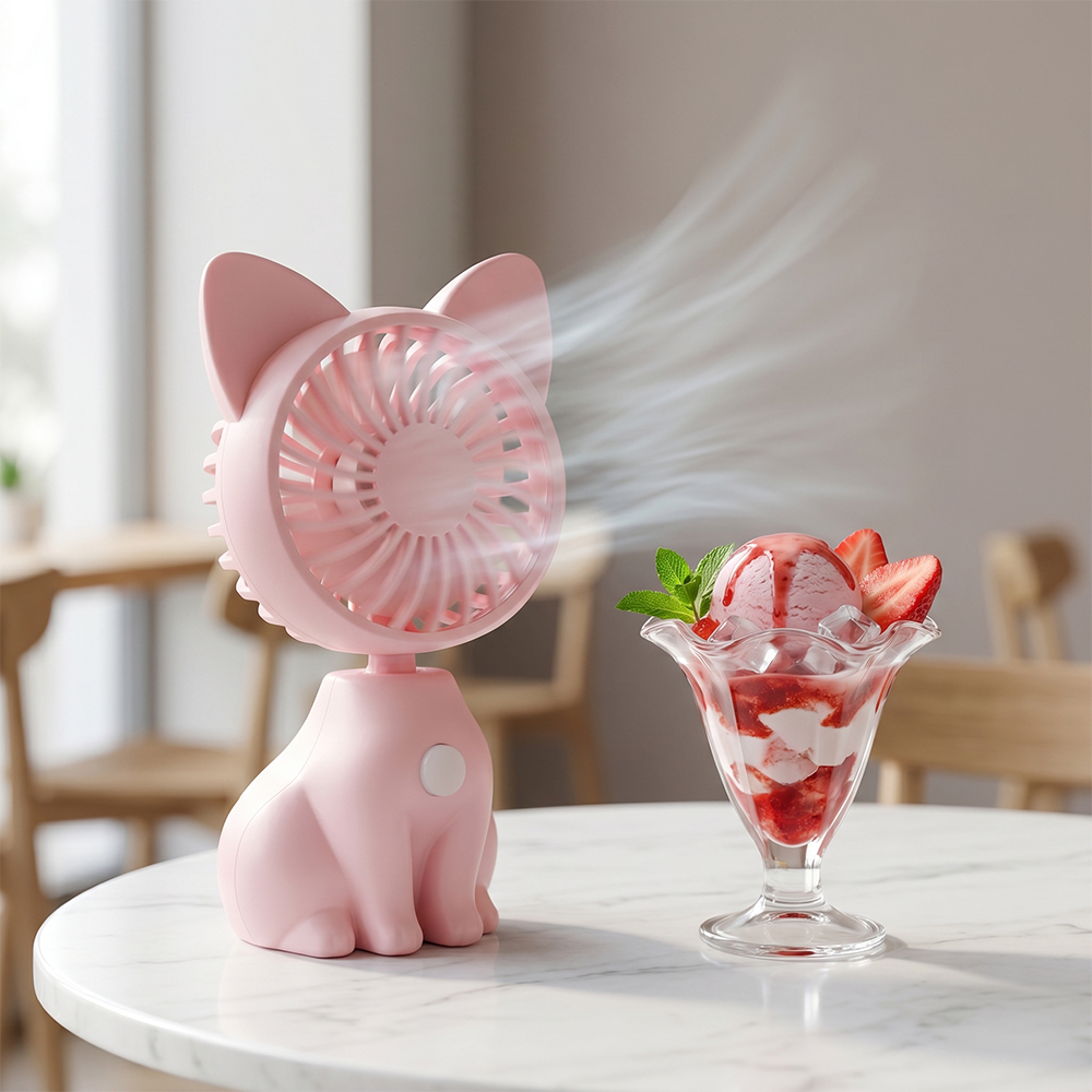 A pink cat-shaped desktop fan blowing a visible cool breeze on a round white table next to a glass bowl of ice cream topped with strawberries and mint leaves.
