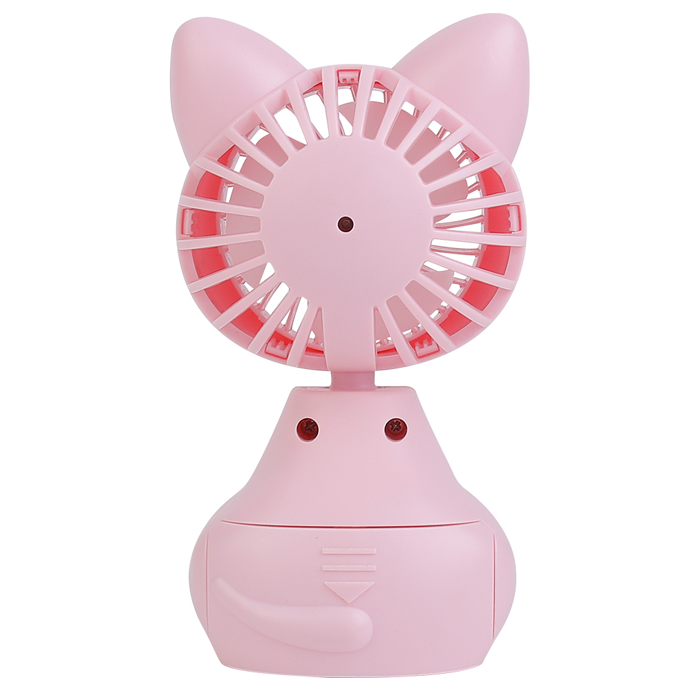 Rear studio view of the pink cartoon mini fan showing the back grill structure and the AAA battery compartment on the base.