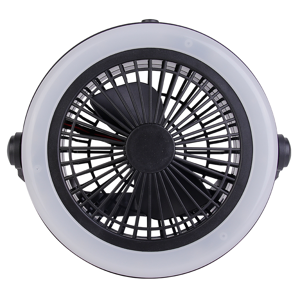 Close-up studio view focusing on the front face of the circular fan blades surrounded by the frosted white LED light ring.