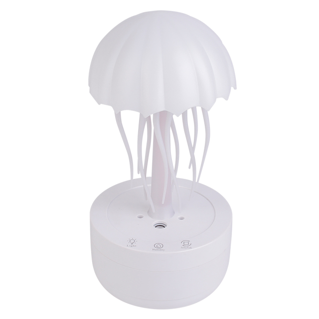Three-quarter angled front studio view of the creative white jellyfish mist diffuser on a solid white background.