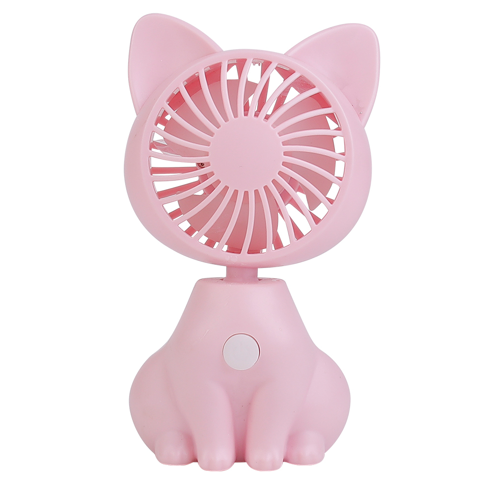 Front studio photograph of a pink cat-shaped cartoon desktop mini fan with a central white button.
