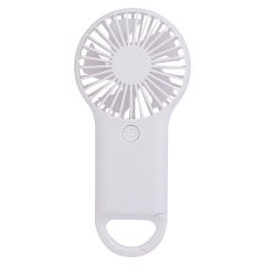 Front studio photograph of a white handheld mini fan featuring an integrated base carabiner hook and a central power button.