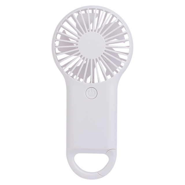 Front studio photograph of a white handheld mini fan featuring an integrated base carabiner hook and a central power button.