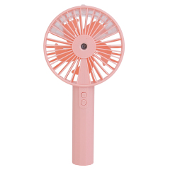Front studio photograph of a pink handheld misting fan showing two control buttons on the handle and a central water spray nozzle.
