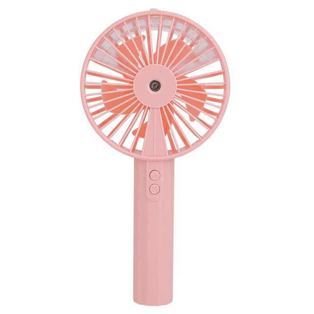 Front studio photograph of a pink handheld misting fan showing two control buttons on the handle and a central water spray nozzle.