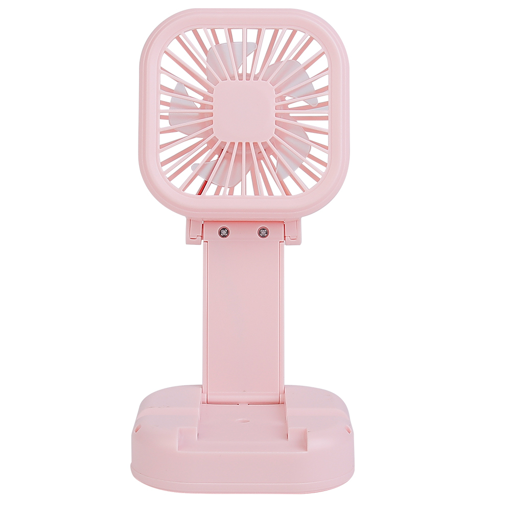 Front studio photograph of the height-adjustable pink desktop fan fully extended on a white background.